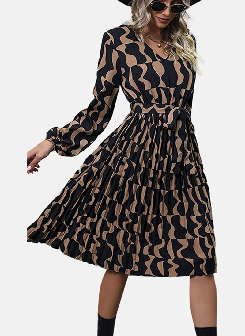 يونيكي Brown Abstract Printed Flared V-Neck A-Line Midi Dress