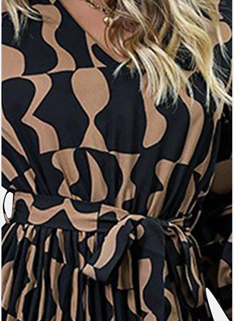 يونيكي Brown Abstract Printed Flared V-Neck A-Line Midi Dress