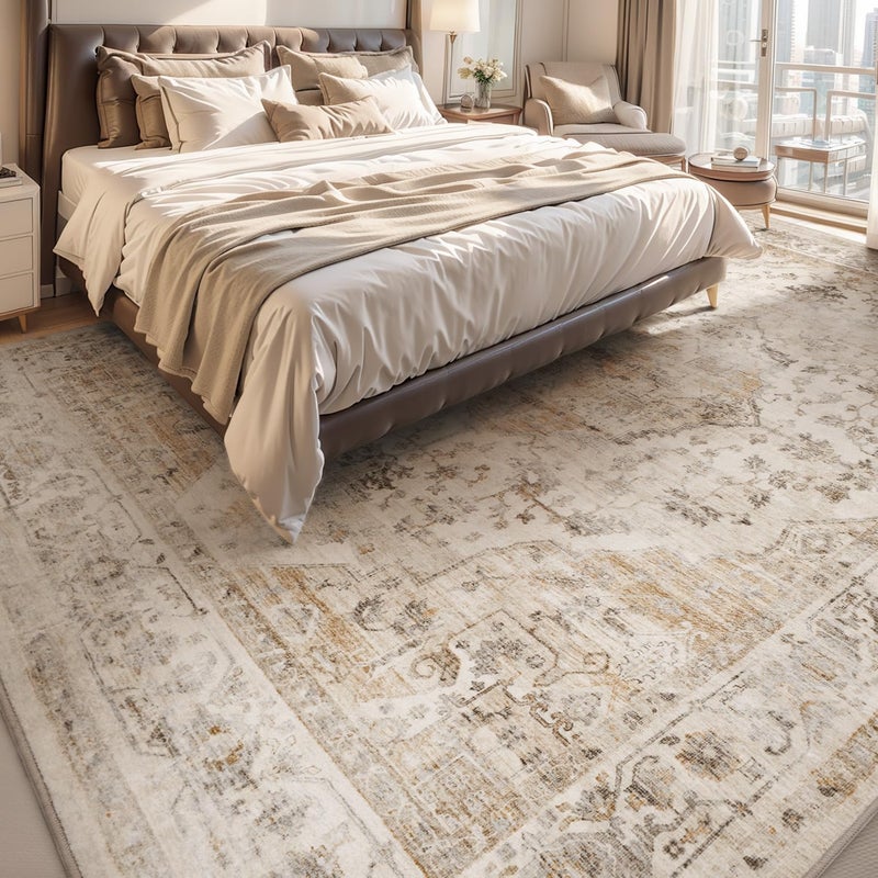 AMOAMI-Area Rug 8FT X 10FT Rugs for Living Room-Vintage Soft Beige Rugs for Bedroom-Non Slip Carpet-Washable Rug for Dining Room Living Room Bedroom Office Under Table - Image 2