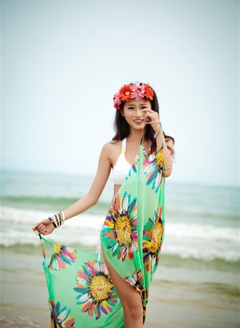 Loquat Women Summer Floral Chiffon Bikini Cover Up Beach Dress Swimwear Wrap Green  - Image 1