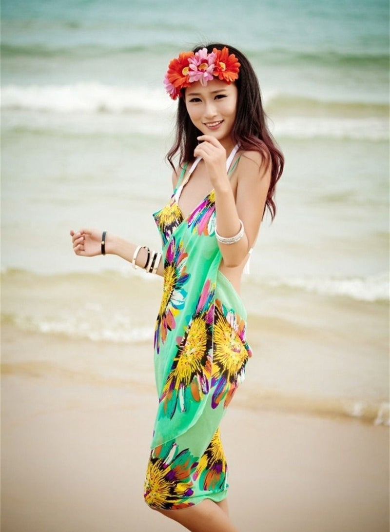 Loquat Women Summer Floral Chiffon Bikini Cover Up Beach Dress Swimwear Wrap Green  - Image 2