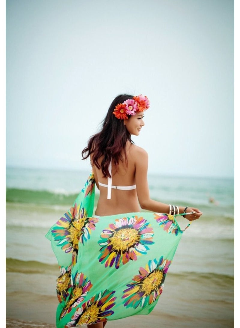Loquat Women Summer Floral Chiffon Bikini Cover Up Beach Dress Swimwear Wrap Green  - Image 3