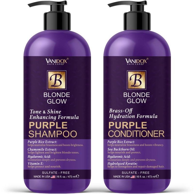 VANIDOX Sulfate Free Brass Toning Purple Shampoo and Conditioner Set for Blondes, Brown Highlighted, or Bleached Hair, Shampoo for Blondes Infused with Purple Rice Extract (16 fl oz each) - Image 1
