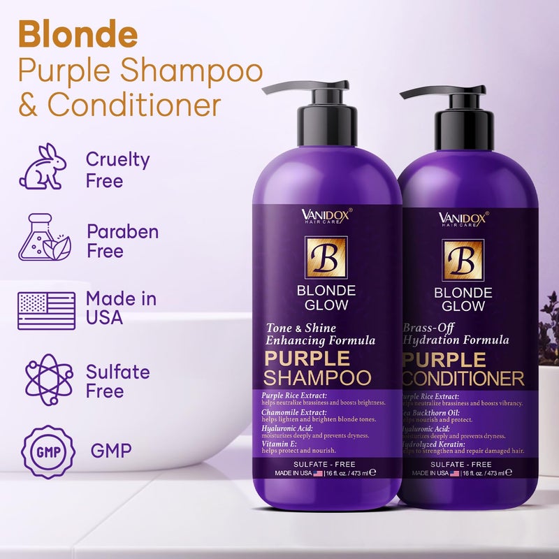 VANIDOX Sulfate Free Brass Toning Purple Shampoo and Conditioner Set for Blondes, Brown Highlighted, or Bleached Hair, Shampoo for Blondes Infused with Purple Rice Extract (16 fl oz each) - Image 2