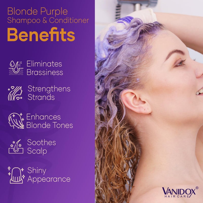 VANIDOX Sulfate Free Brass Toning Purple Shampoo and Conditioner Set for Blondes, Brown Highlighted, or Bleached Hair, Shampoo for Blondes Infused with Purple Rice Extract (16 fl oz each) - Image 3