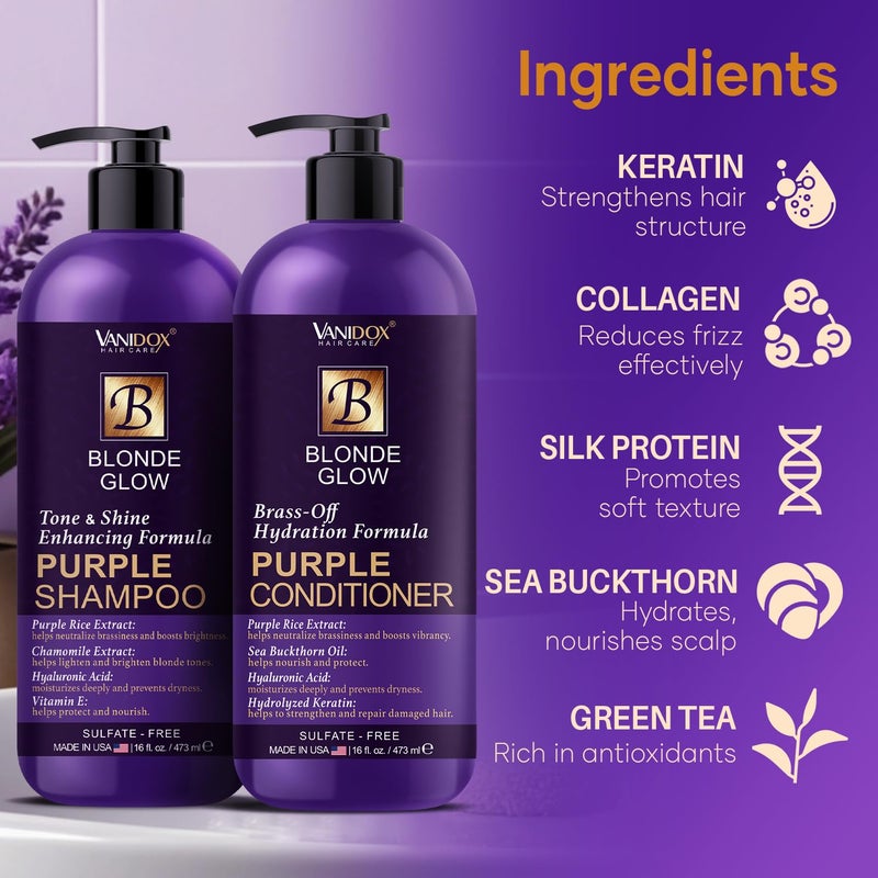 VANIDOX Sulfate Free Brass Toning Purple Shampoo and Conditioner Set for Blondes, Brown Highlighted, or Bleached Hair, Shampoo for Blondes Infused with Purple Rice Extract (16 fl oz each) - Image 4