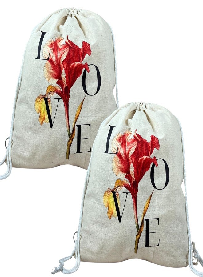Madosh Cream Cotton-Jute Drawstring Backpack for Women - Lightweight & Eco-Friendly Gym Bag with 'LOVE' Print - Reusable Travel Sackpack with Metal Eyelets (Pack of 2) - Image 1