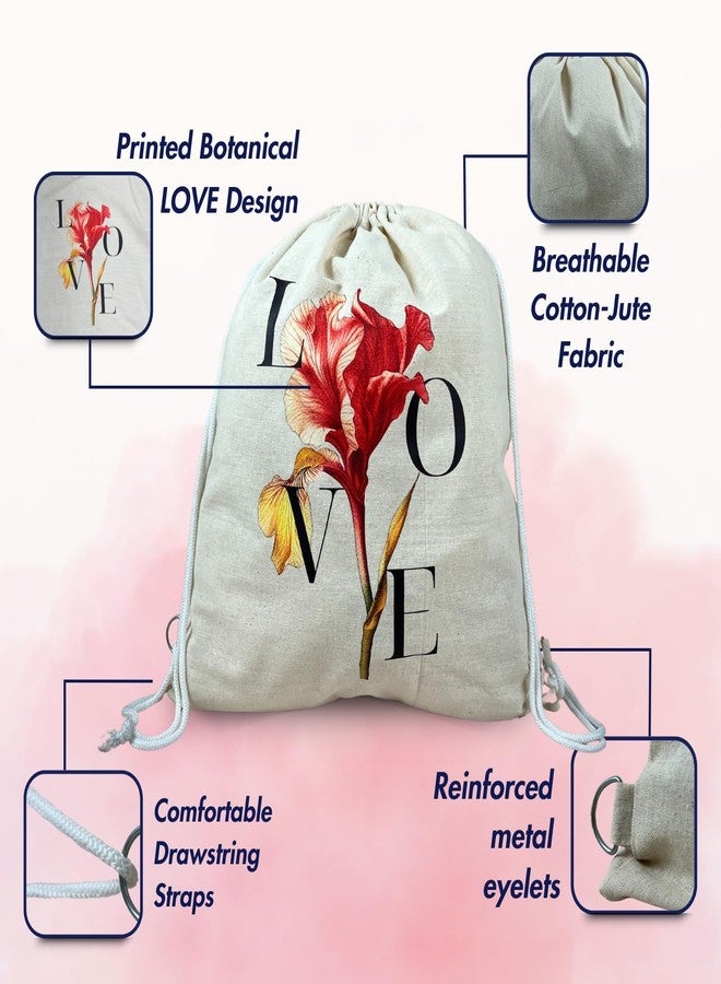 Madosh Cream Cotton-Jute Drawstring Backpack for Women - Lightweight & Eco-Friendly Gym Bag with 'LOVE' Print - Reusable Travel Sackpack with Metal Eyelets (Pack of 2) - Image 4