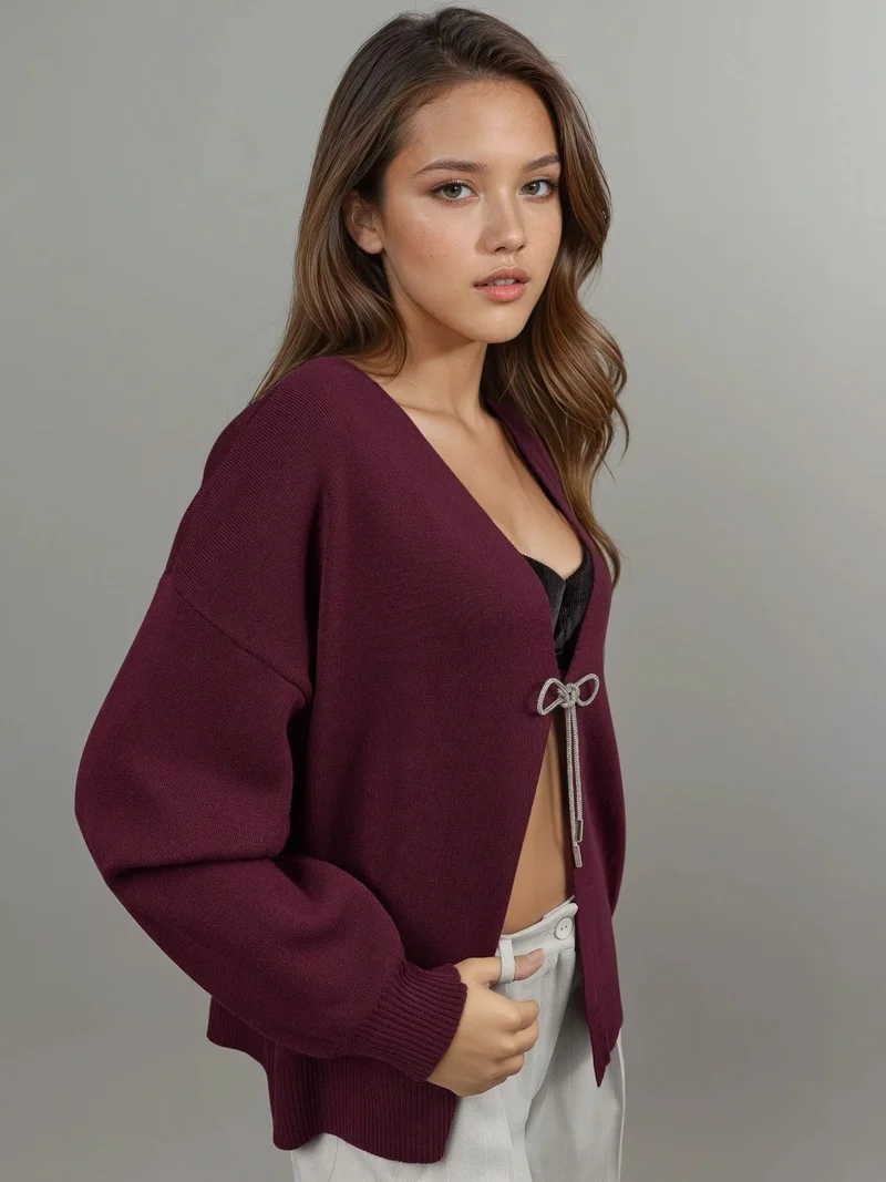 هيكاب كارديجان محبوك بياقة على شكل حرف  وتفاصيل فيونكة