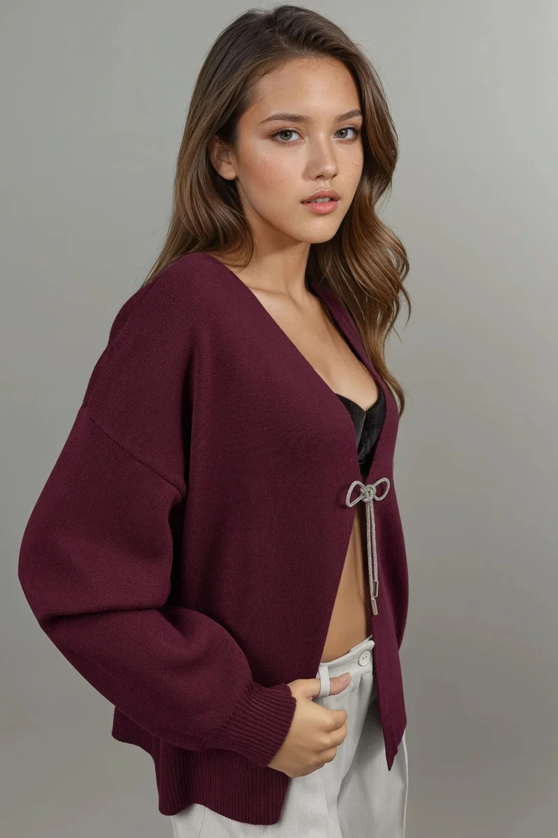 Hiccup Burgundy Red V-Neck Knitwear Cardigan with Bow Detail for Women | Best Price UAE