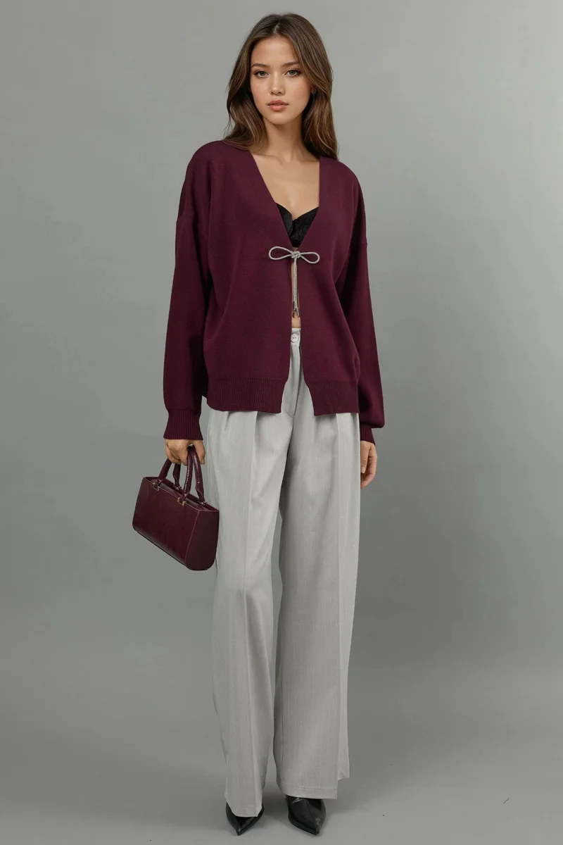 Hiccup Burgundy Red V-Neck Knitwear Cardigan with Bow Detail for Women | Best Price UAE