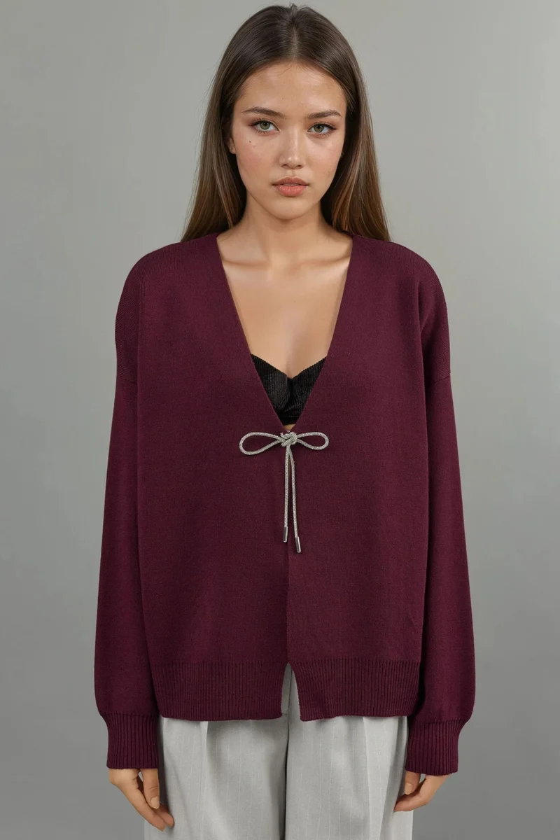 Hiccup Burgundy Red V-Neck Knitwear Cardigan with Bow Detail for Women | Best Price UAE