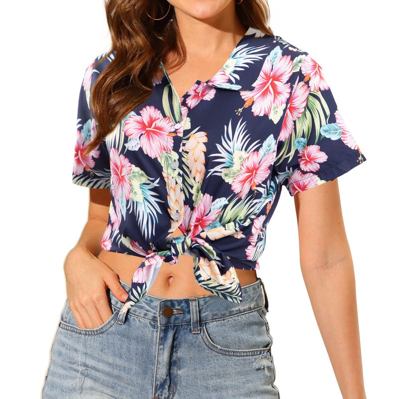 MYHALF Women Hawaiian Shirt Soft Cool Summer Hawaii Shirts Floral Tropic Print V Neck T-Shirt Short Sleeve Button Up Tops - Image 3