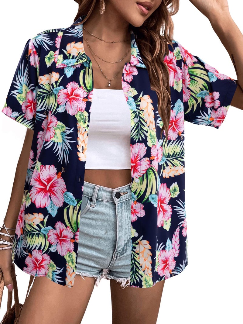 MYHALF Women Hawaiian Shirt Soft Cool Summer Hawaii Shirts Floral Tropic Print V Neck T-Shirt Short Sleeve Button Up Tops - Image 1