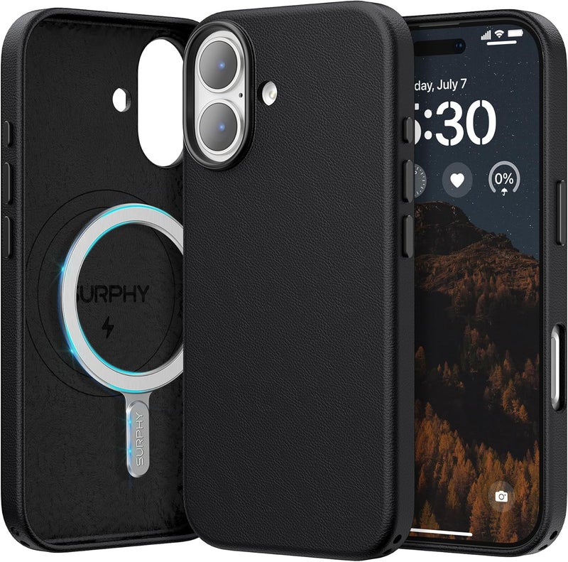 SURPHY Designed for iPhone 17 Leather Case, Compatible with MagSafe Wireless Charging Faux Leather Case with Metallic Buttons and Microfiber Lining for 17 6.3 inch 2025, Black - Image 1