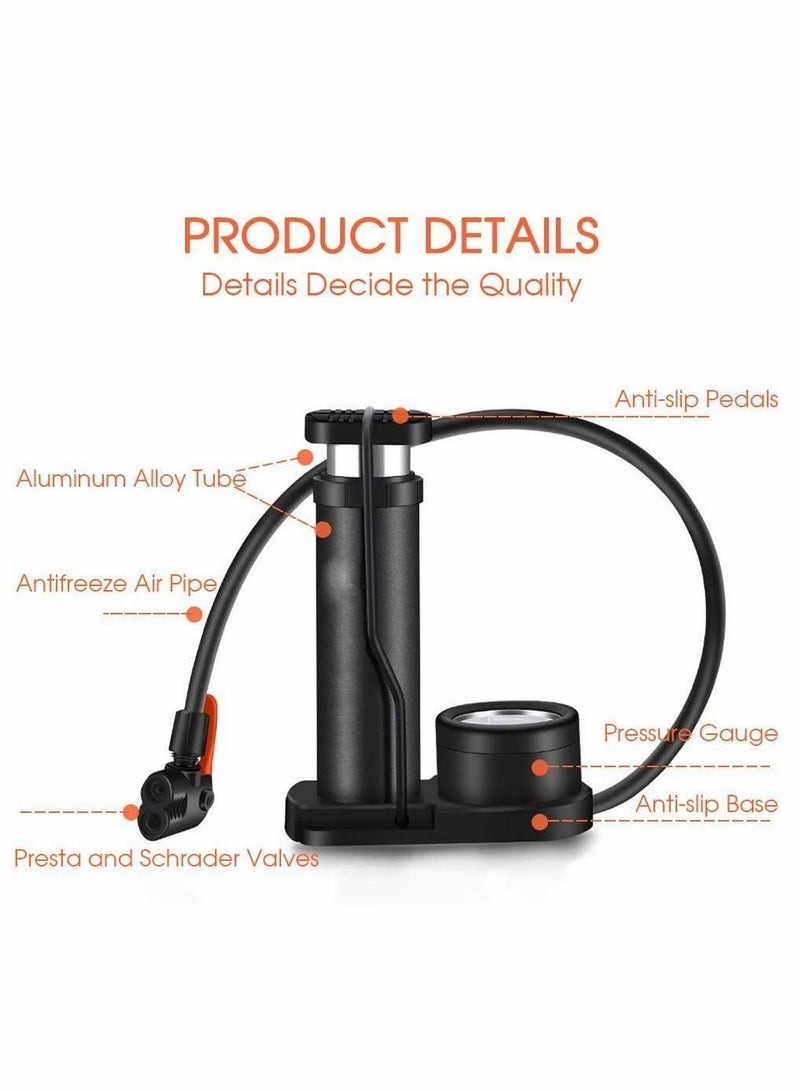 Bike Pump, Mini Portable Bicycle Foot Pump with Pressure Gauge,Bike Tire Air Pump with Gas Ball Needle for All Bike,Fits Presta & Schrader Valve