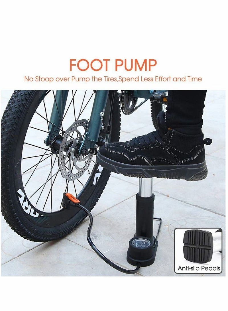 Bike Pump, Mini Portable Bicycle Foot Pump with Pressure Gauge,Bike Tire Air Pump with Gas Ball Needle for All Bike,Fits Presta & Schrader Valve