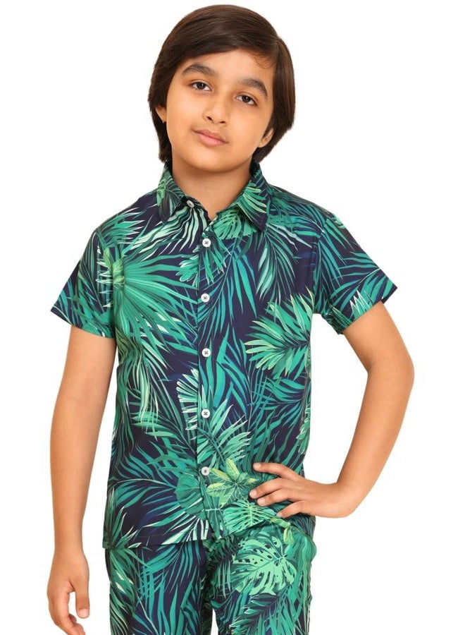 ENCIGER ® Boys Printed Casual Shirt – Short Sleeve Button Down Lightweight Daily Wear Top with Tropical Design (KS1_Green Navy_12_14Y) - Image 1