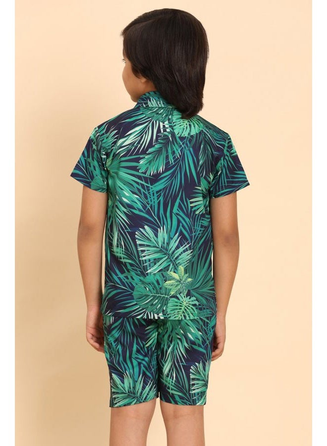 ENCIGER ® Boys Printed Casual Shirt – Short Sleeve Button Down Lightweight Daily Wear Top with Tropical Design (KS1_Green Navy_12_14Y) - Image 2