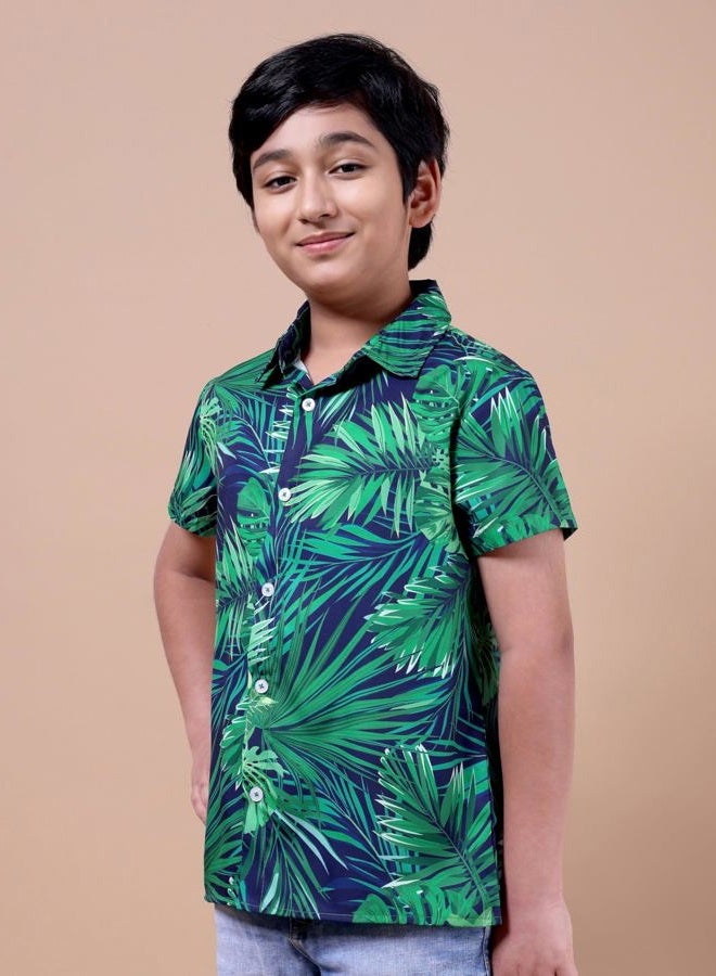 ENCIGER ® Boys Printed Casual Shirt – Short Sleeve Button Down Lightweight Daily Wear Top with Tropical Design (KS1_Green Navy_12_14Y) - Image 3