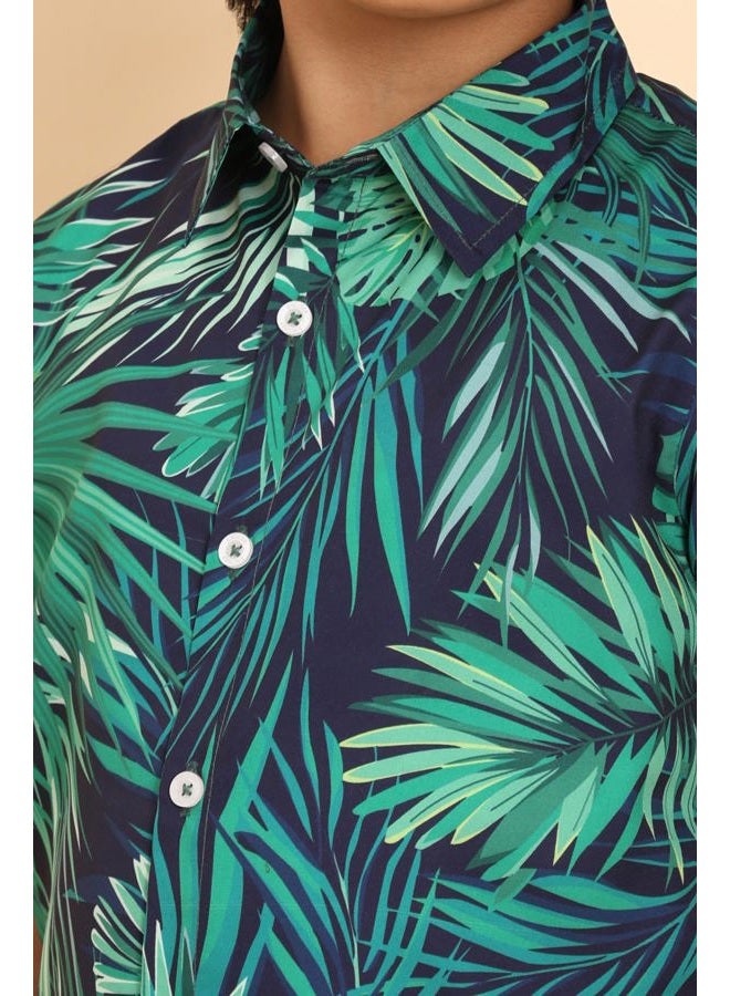 ENCIGER ® Boys Printed Casual Shirt – Short Sleeve Button Down Lightweight Daily Wear Top with Tropical Design (KS1_Green Navy_12_14Y) - Image 4
