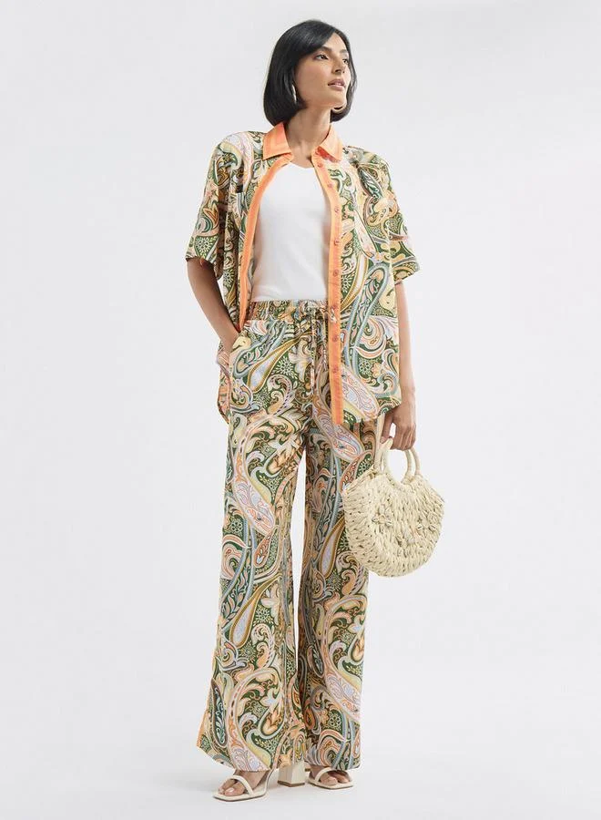 Splash FAV All-Over Paisley Print Wide Leg Pants with Drawstring Closure and Pockets