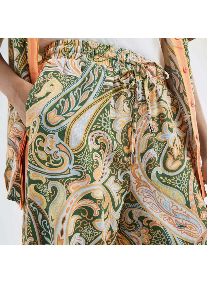 Splash FAV All-Over Paisley Print Wide Leg Pants with Drawstring Closure and Pockets
