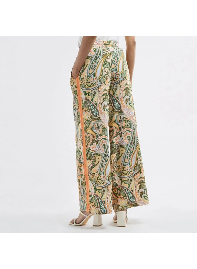 Splash FAV All-Over Paisley Print Wide Leg Pants with Drawstring Closure and Pockets