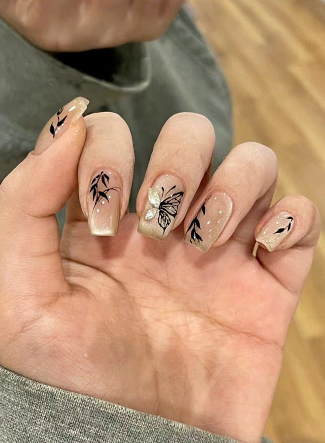 نيبمينينت 30Pcs Fake Nails, Press Nails In Box,Short-length Flat head shaped Solid Skin Color Shiny Nail Art,Shining,Black erfly,Zircon,Cat Eye,Fake Nail Patch - Image 1