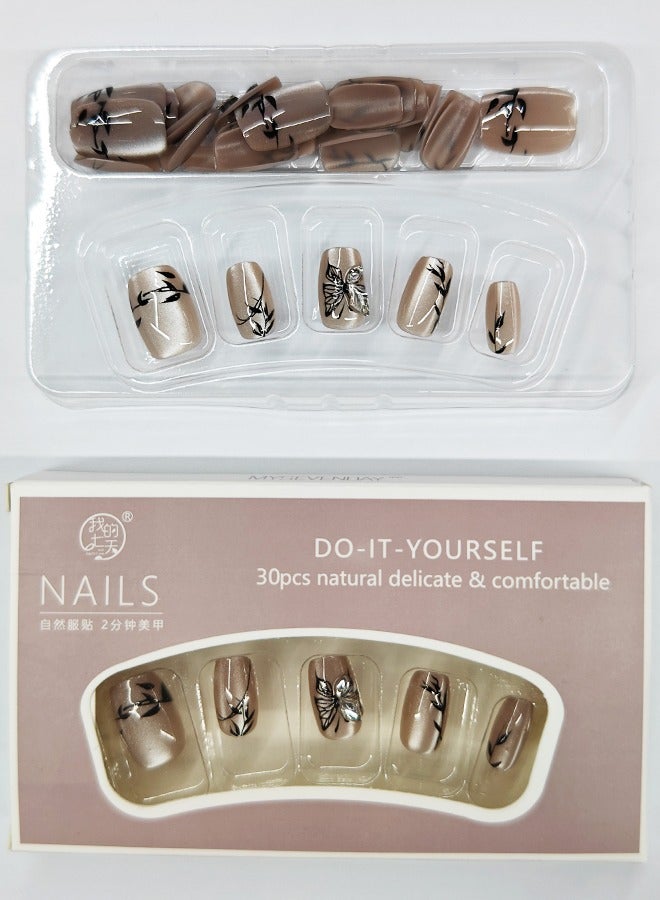 نيبمينينت 30Pcs Fake Nails, Press Nails In Box,Short-length Flat head shaped Solid Skin Color Shiny Nail Art,Shining,Black erfly,Zircon,Cat Eye,Fake Nail Patch - Image 2