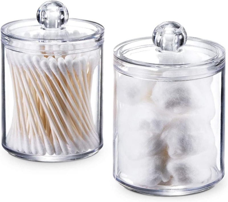 klarako 2PC Holder Dispenser for Cotton Ball, Cotton Swab, Cotton Round Pads, Floss, Clear Plastic Apothecary Jar Set for Bathroom Canister Storage Organization, Vanity Makeup Organizer, Apartment Essentials - Image 1