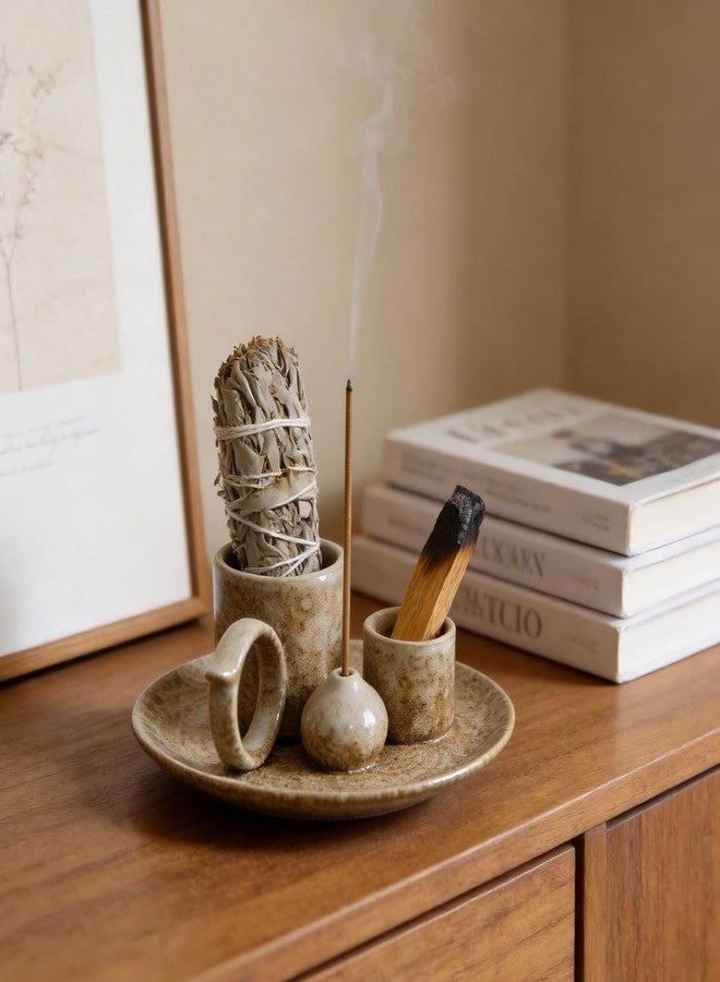 Tnstbiee 4.1-Inch 5-in-1 Ceramic Smudge Bowl-Versatile Incense Stick Holder and Smudging Dish for Palo Santo and Sage–Ideal for Zen Altar, Meditation,Yoga, and Aromatherapy–Easy to Clean Brown Design - Image 5