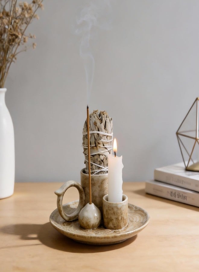 Tnstbiee 4.1-Inch 5-in-1 Ceramic Smudge Bowl-Versatile Incense Stick Holder and Smudging Dish for Palo Santo and Sage–Ideal for Zen Altar, Meditation,Yoga, and Aromatherapy–Easy to Clean Brown Design - Image 4