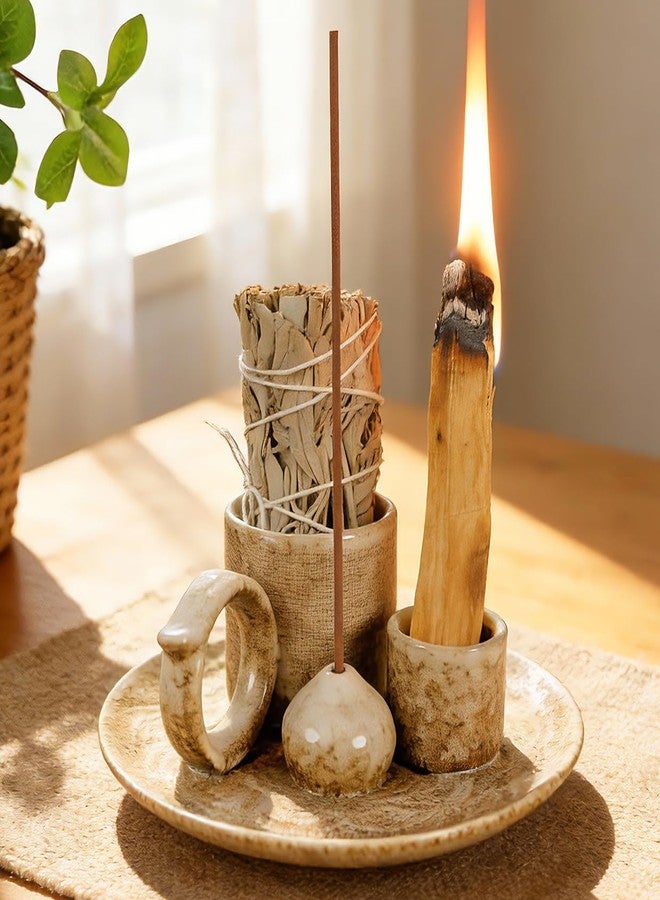 Tnstbiee 4.1-Inch 5-in-1 Ceramic Smudge Bowl-Versatile Incense Stick Holder and Smudging Dish for Palo Santo and Sage–Ideal for Zen Altar, Meditation,Yoga, and Aromatherapy–Easy to Clean Brown Design - Image 1