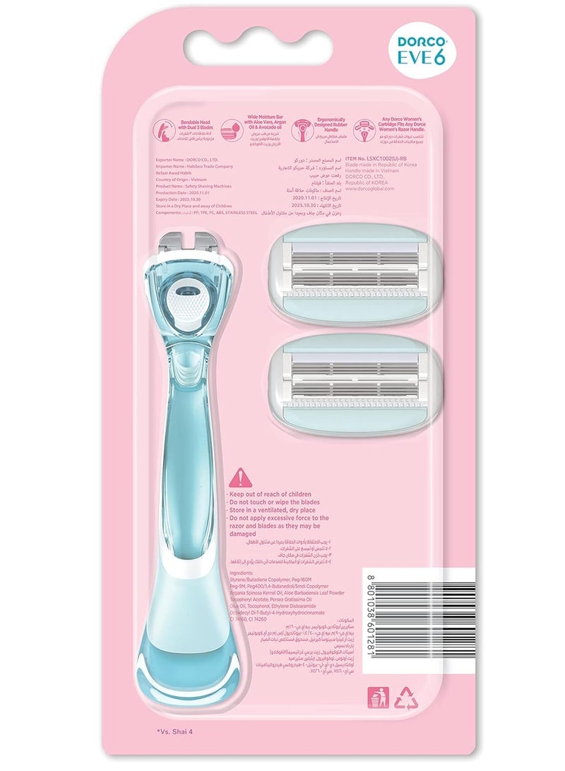 Dorco Eve 6 Women's Razor with 6 Blades - 1 Handle + 2 Heads - Image 3