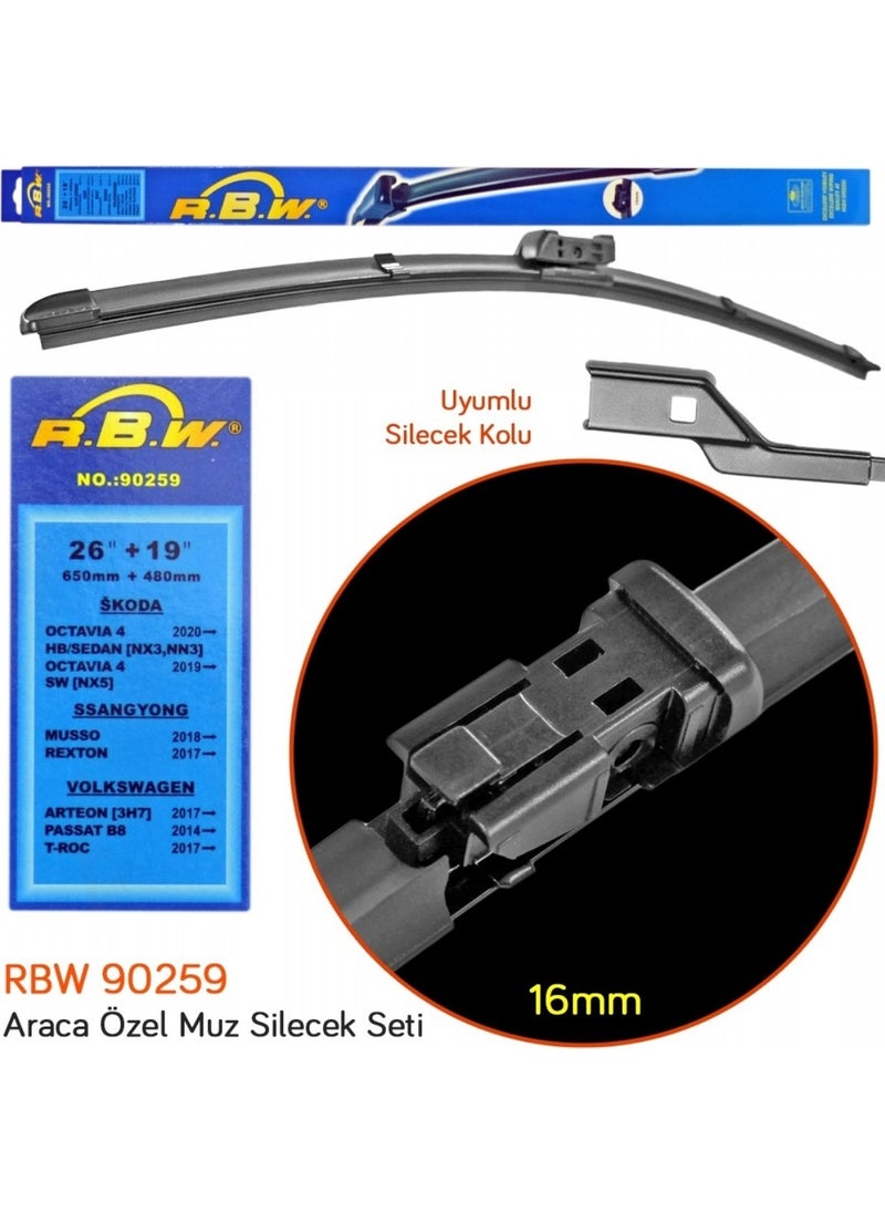 RBW 90259 Skoda Octavia 2020+/ Arteon/ Passat B8/ T-Roc 26+19 Inch / 650+480 mm Banana Wiper Set  - Image 3