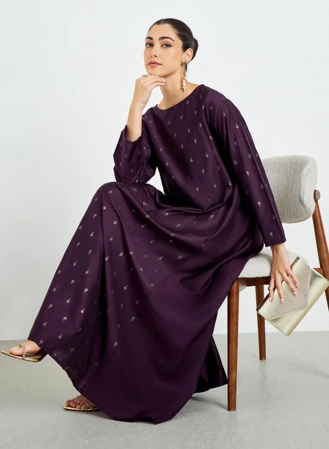 Amirah Purple Foil Print A-Line Jalabiya with Pockets