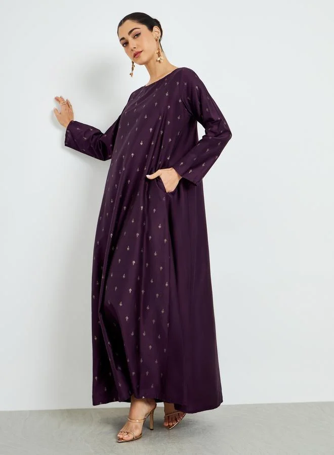 Amirah Purple Foil Print A-Line Jalabiya with Pockets