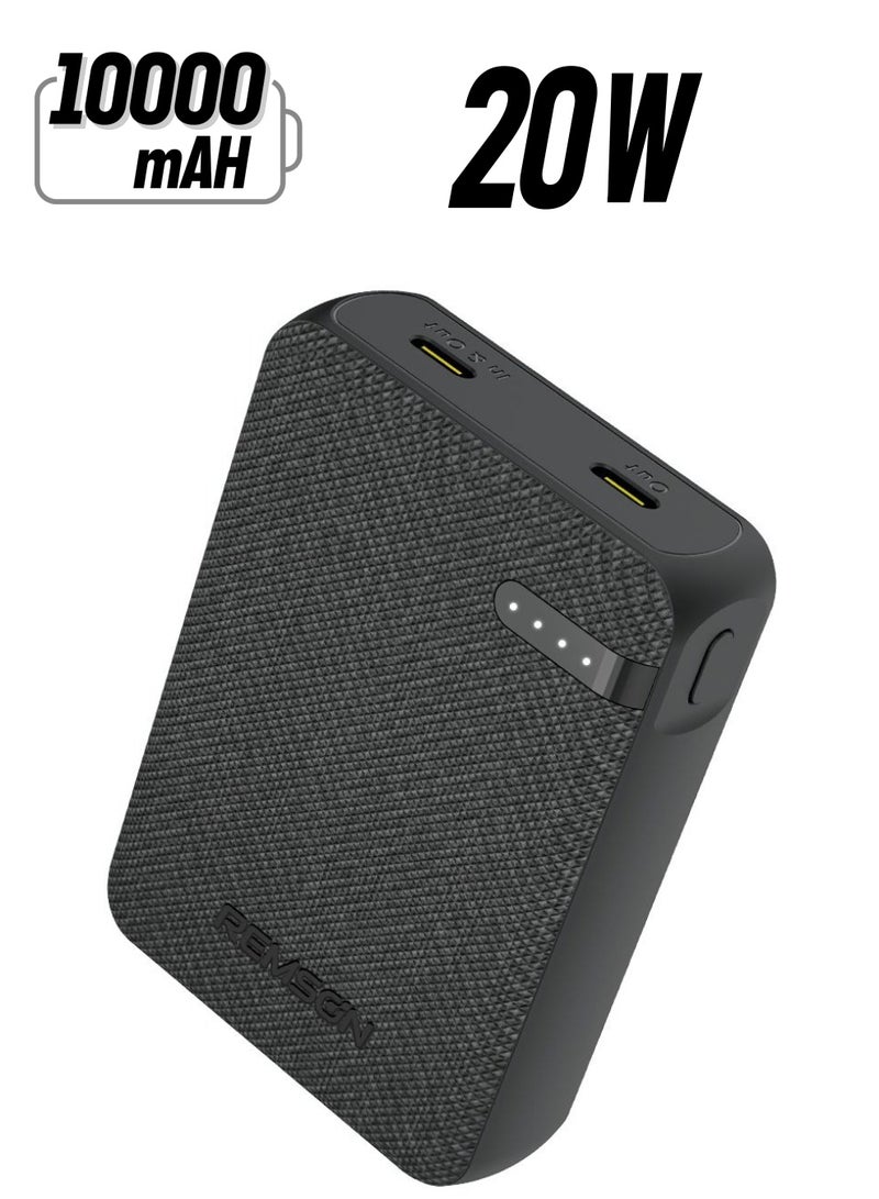 Remson Remson Remson Revo Charge 10000mAh Mini Power Bank 20W Power Delivery Dual USB-C Output with Leather Exterior Design Compatible for iPhone Tablet Samsung - Black - Image 1