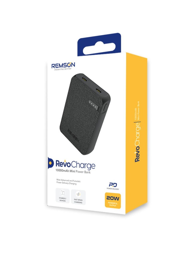 Remson Remson Remson Revo Charge 10000mAh Mini Power Bank 20W Power Delivery Dual USB-C Output with Leather Exterior Design Compatible for iPhone Tablet Samsung - Black - Image 4