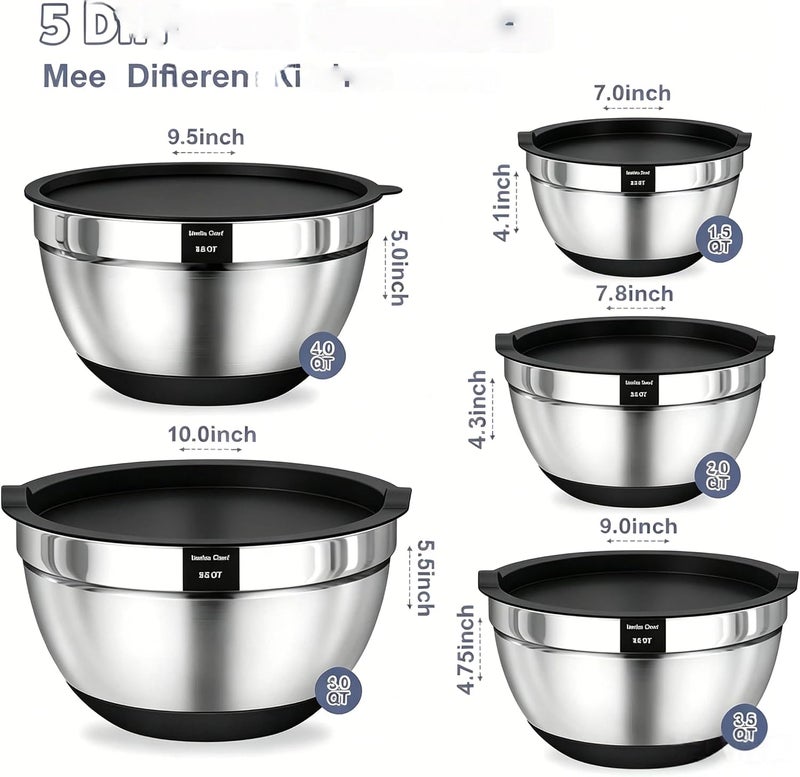 Umite Chef Mixing Bowls with Airtight Lids, 8PCS Stainless Steel Nesting Mixing Bowls Set, 3 Grater Attachments & Non-Slip Bottoms, Black Kitchen Bowls, Size 5, 4, 3.5, 2, 1.5QT for Baking & Serving - Image 4