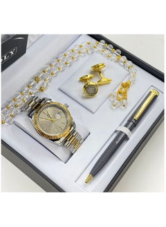 Men's stainless steel set consisting of a watch, a rosary, a pen and cufflinks