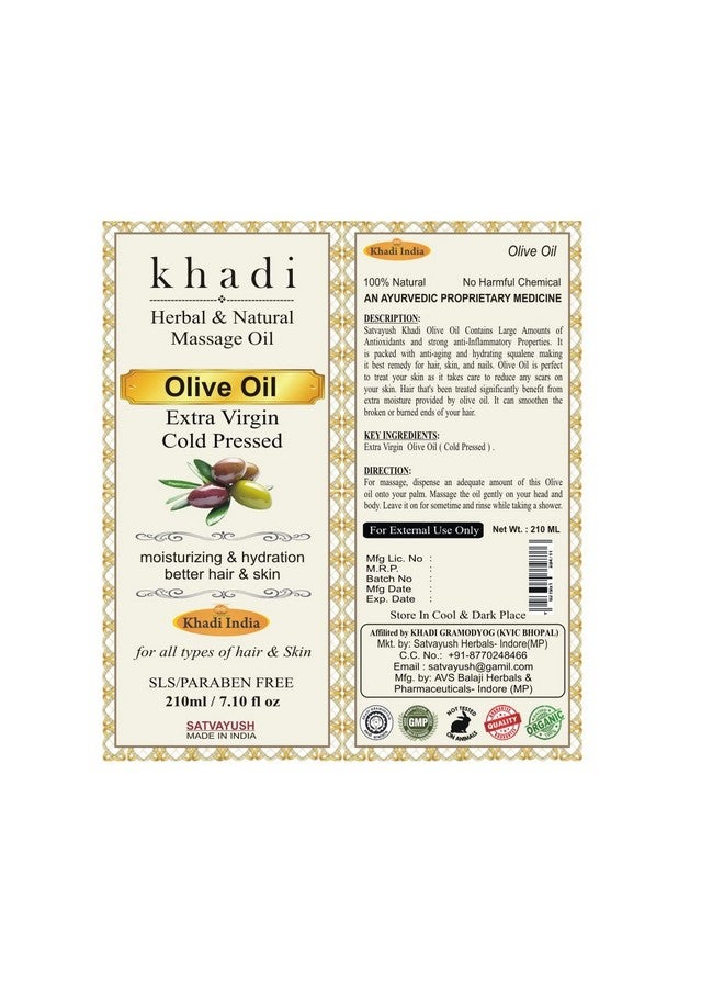 Satvayush Khadi Extra Virgin Olive Oil Organic Cold Pressed Pure & Natural For Hair & Skin Nourishment 210 Ml - Image 4