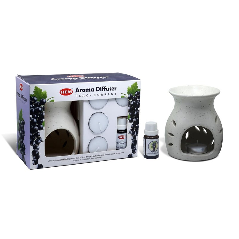 HEM Ceramic Oil Burner Gift Set Ceramic Diffuser with Black Currant Aroma Oil 4 Tealight Candles Perfect for Home Fragrance Spa Meditation and Gifting Black Current Oil 10ml - Image 1