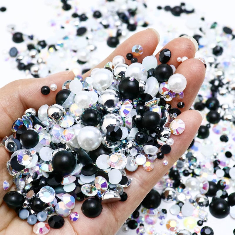 Towenm 60g Flatback Pearls and Rhinestones for Crafts, Tumblers Shoes, Face Nail Art - 2mm-10mm Mix, Black|Silver|White - Image 2
