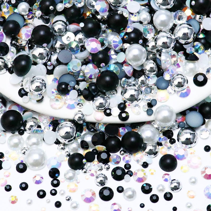 Towenm 60g Flatback Pearls and Rhinestones for Crafts, Tumblers Shoes, Face Nail Art - 2mm-10mm Mix, Black|Silver|White - Image 1