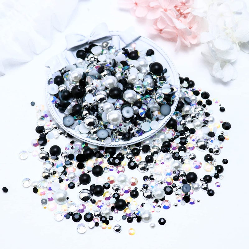 Towenm 60g Flatback Pearls and Rhinestones for Crafts, Tumblers Shoes, Face Nail Art - 2mm-10mm Mix, Black|Silver|White - Image 3