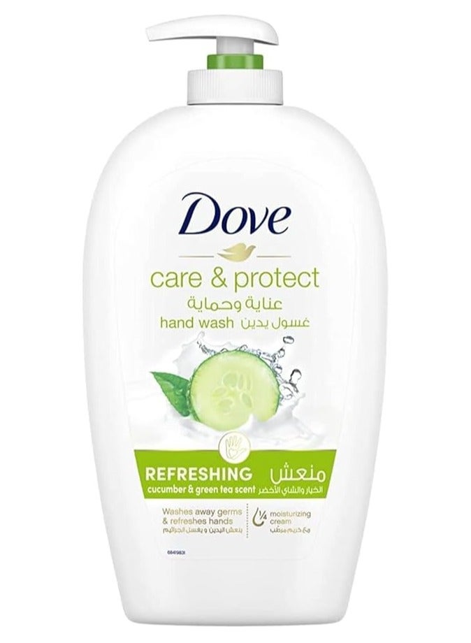 Dove غسول يدين منعش للعناية والحماية 100% مناسب للبشرة الحساسة، خيار وشاي أخضر، مع ¼ كريم مرطب، 500 مل