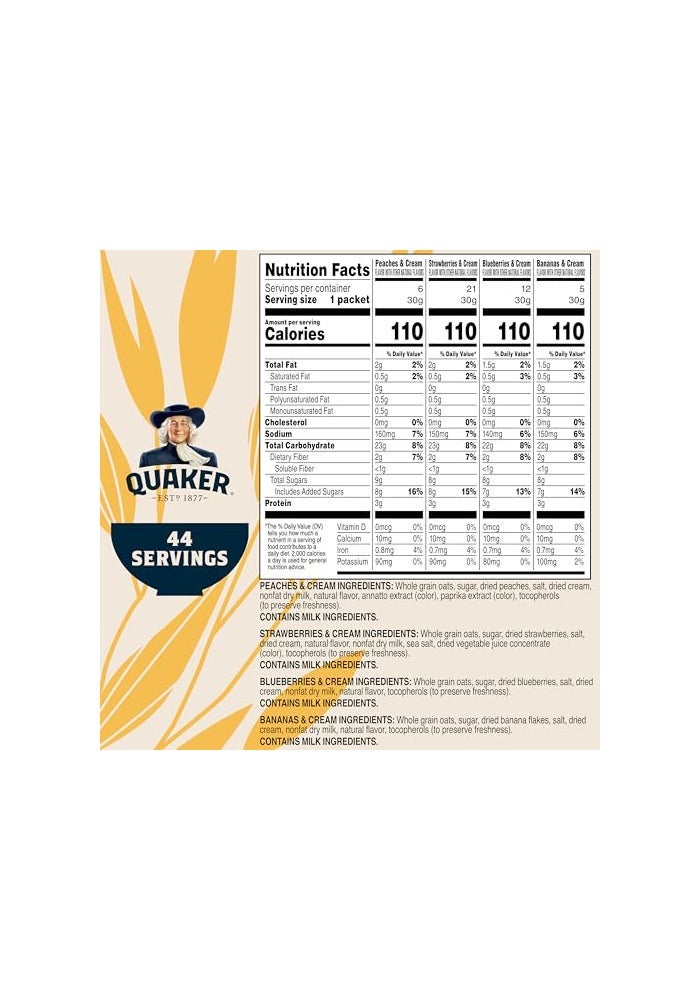 Quaker Instant Oatmeal Fruit & Cream Variety Pack, Single Serve Packets, (44 Pack) - Image 5
