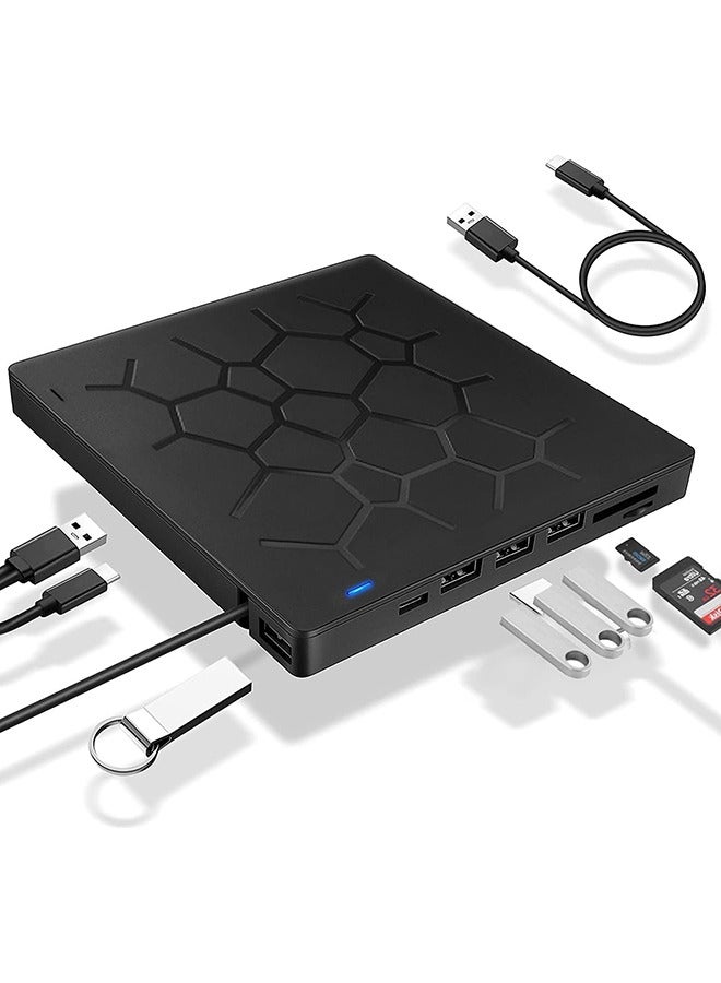 Garlo External DVD Drive, USB 3.0 CD DVD Burner for Laptop, Type-C CD/DVD ROM +/-RW Optical Disk Drive with 4 USB Ports and 2 SD Card Slots, Ultra Slim, for Mac, PC Windows 11/10/8/7 Linux OS